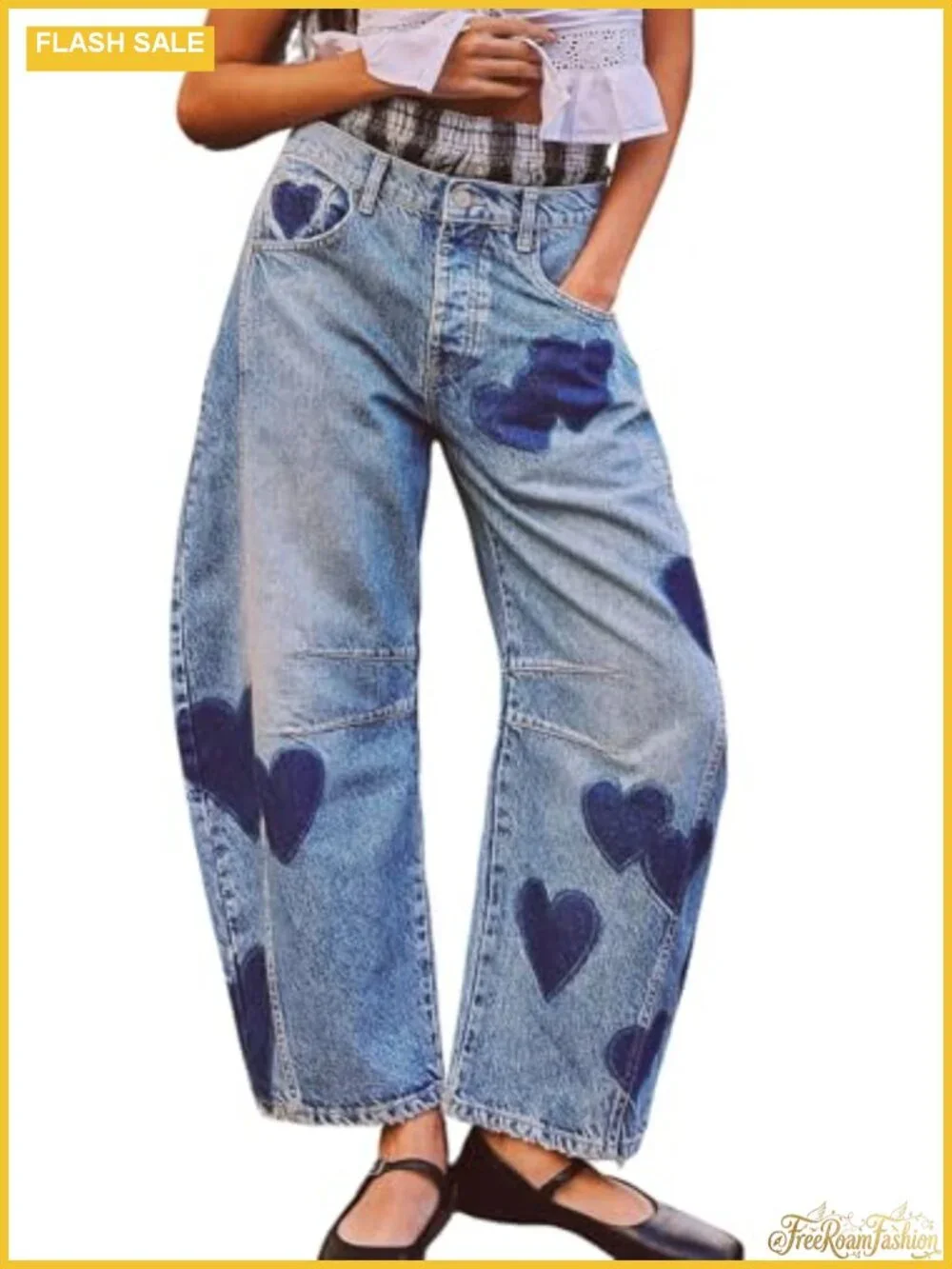 Women Baggy Mid Rise Barrel Jeans Wide Leg Floral Y2k Denim Pants Boyfriend